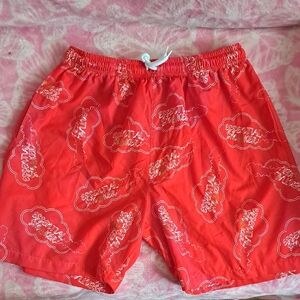 Essentials Red Logo-Print Swim Trunks